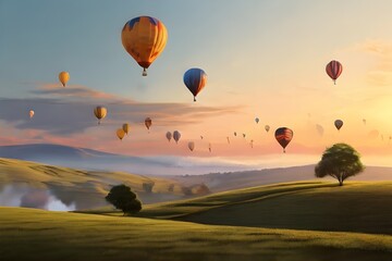 Naklejka premium A playful scene of balloons floating over a peaceful countryside landscape at sunset