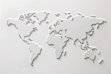 Silver metallic world map cutout on a white background