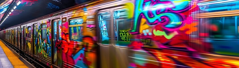 Vibrant Graffiti Covered Subway Train Rushing Through Tunnel