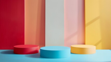 Three colorful pedestals, each with a different color. The pedestals are placed in front of a wall with a variety of colors