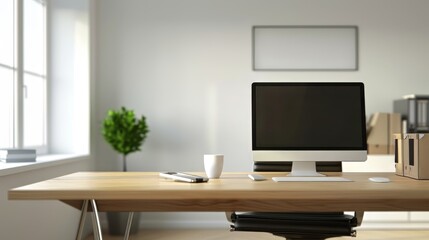 Empty office desk with space for custom text or logo