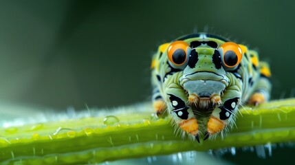 A beautiful close-up of a green and black caterpillar with big orange eyes. The caterpillar is sitting on a green leaf and looking at the camera. - Powered by Adobe