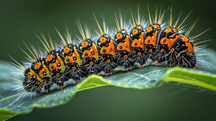 Fototapeta premium A brightly colored caterpillar with black, yellow, and orange markings. The caterpillar is on a green leaf, and the background is blurred.