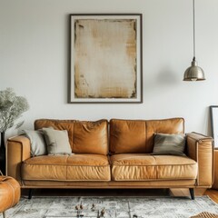 A modern living room featuring minimalist-style interior design. A shabby leather sofa sits against a white wall adorned with an art poster.