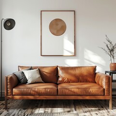A modern living room featuring minimalist-style interior design. A shabby leather sofa sits against a white wall adorned with an art poster.