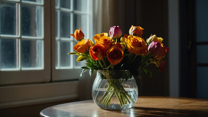 A colorful flower bouquet in a vase.

