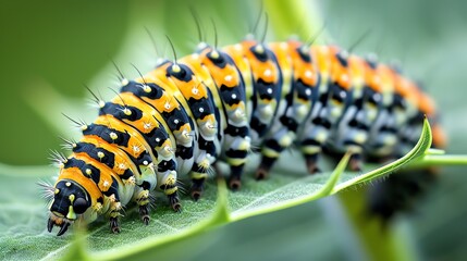 Naklejka premium A beautiful caterpillar with vibrant colors and intricate patterns rests on a green leaf, captured in stunning detail with a macro lens.