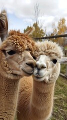 Obraz premium Friendly baby alpacas nuzzling up to visitors at the farm, their soft fleece irresistible