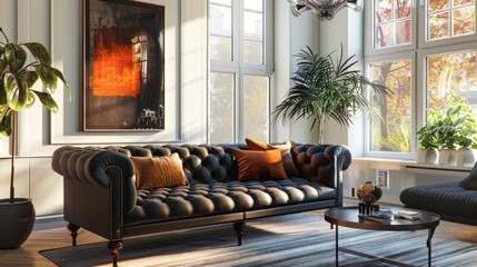 A modern living room with mid-century style interior design. A black tufted sofa sits against windows, complemented by an accent coffee table.
