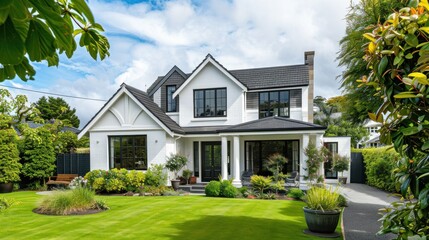 A white family house boasts a striking contrast with its black pitched roof tiles, complemented by a beautiful front yard featuring lush green lawn.