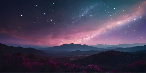 Fototapeta premium aurora borealis in the mountains, cosmic background. dark purple sky abstract texture. Defocused purple light illustration. Magical space banner. abstract cosmic wallpaper, galaxy star wallpaper