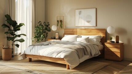 Fototapeta na wymiar Embracing Scandinavian style, the modern bedroom features a wooden bed adorned with white bedding, complemented by sleek bedside cabinets.