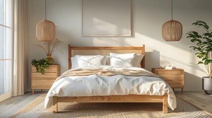 Embracing Scandinavian style, the modern bedroom features a wooden bed adorned with white bedding, complemented by sleek bedside cabinets.