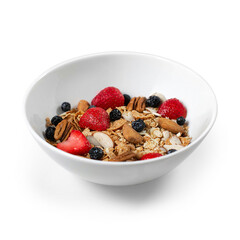 healthy breakfast bowl with oat flakes, cereals, nuts and delicious fresh fruit, with transparent...