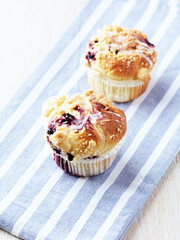 Muffins on bright wooden background. Close up. Copy space.