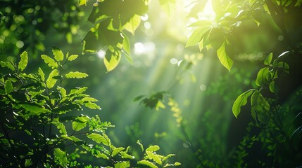 Fresh green leaves in the forest with sunbeams and lens flare - Powered by Adobe