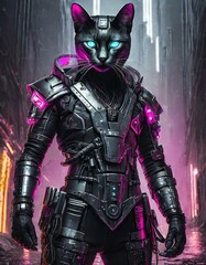 サイバーパンクな世界で繁華街に立つ猫のバウンティハンター