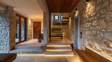 Obraz premium In the modern entrance hall, a cozy home interior design is embodied by a wooden staircase, stone cladding wall, and a welcoming door in a rustic hallway.