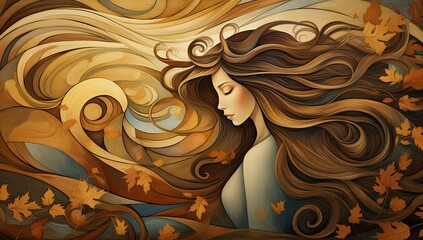 A woman with long brown hair is shown in a painting with leaves blowing in the wind. The painting has a warm, autumnal mood and is full of vibrant colors