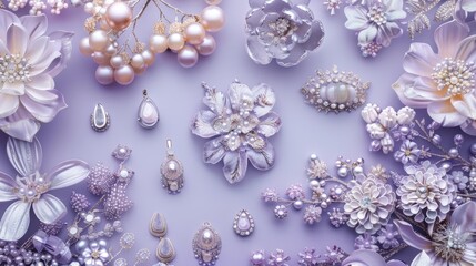 Fototapeta premium Array of shimmering accessories featured on a gentle lavender backdrop, showcasing the delicate sparkle and refined beauty