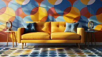 In the modern living room, mid-century interior design is brought to life with a yellow loveseat sofa and side tables set against a vibrant, colorful circle-patterned wall.