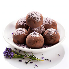 Lavender-infused chocolate truffles - Chocolate truffles flavored with lavender flowers for a sophisticated and aromatic dessert option, offering a unique and seasonal twist on a classic dish, single 
