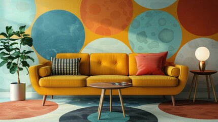 In the modern living room, mid-century interior design is brought to life with a yellow loveseat sofa and side tables set against a vibrant, colorful circle-patterned wall.