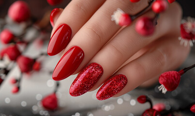 Red decorated nails and beautiful fingers