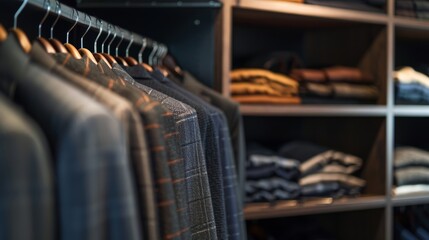 Close-up of dark slate shelving in a masculine walk-in closet, showcasing the perfect blend of functionality and contemporary style