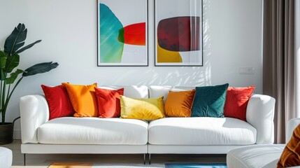 In this modern home, the living room showcases Scandinavian interior design. A white sofa adorned with colorful vibrant pillows is positioned against a wall featuring an art poster frame.