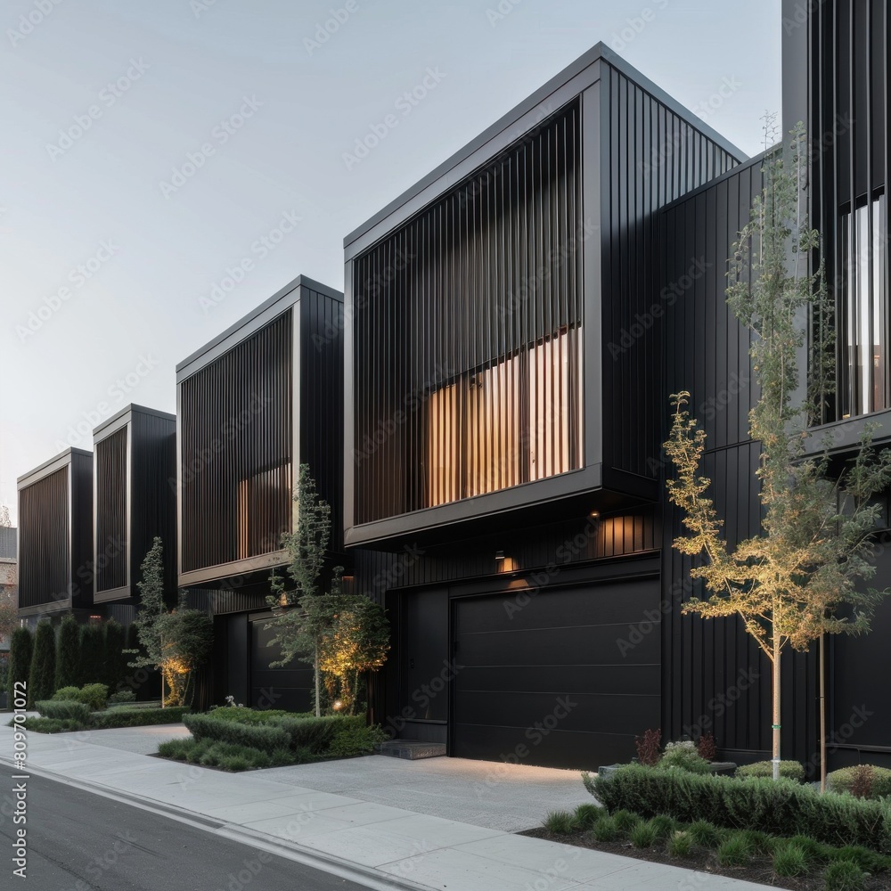 Wall mural residential architecture features modern modular private townhouses distinguished by sleek black pan