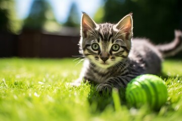 Lifestyle portrait photography of a cute american shorthair cat playing with ball of wool on lush green lawn