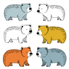 Six cartoon bears illustrated various colors, bear different yet similar. Playful bear illustrations children, cartoon style. Collection bears suitable educational purposes, colorful design