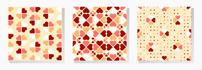 Abstract geometric vector seamless patterns collection. Red, pink, beige and white hearts on pastel dotted background.
