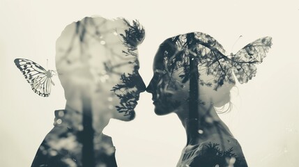 couple kissing in woods with butterflies in background, togetherness white ethnicity lifestyle female summer