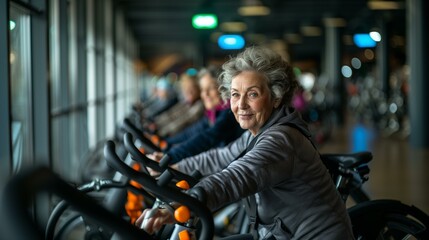 Obraz premium Confident senior exercise bikes gym, woman exercising stationary bike gym, surrounded women, determined focused strong capable black