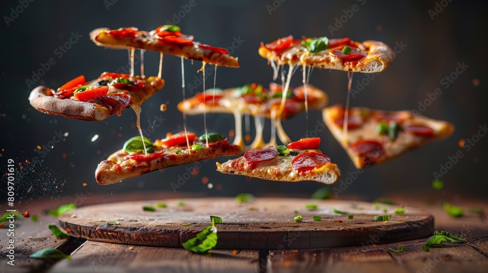 Aufkleber levitating slices of pizza creating an enticing visual