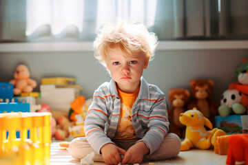 Sad, offended child close-up in a children's room with toys, close-up, portrait, indoors, daylight