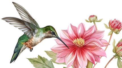 Obraz premium Hummingbird with Spread Wings on Pink Flower isolated on a transparent background