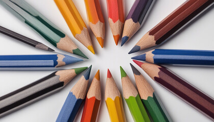 Fototapeta premium Colored pencils placed symmetrically next to each other, isolated white background 