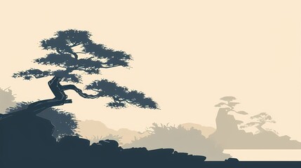 A tranquil bonsai silhouette against a serene backdrop