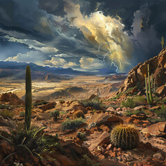 Dynamic desert scene with a thunderstorm approaching over rugged cacti-strewn hills, small desert animals in escape