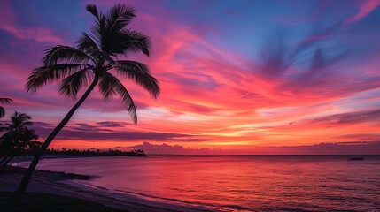 Fototapeta na wymiar End the day on a high note vibrant skies, silhouetted palm trees, and golden hour glow