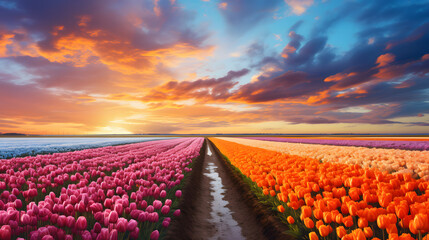 Tulip Fields of the Netherlands: Vast expanses of tulip fields in the Netherlands stretch to the horizon, with rows upon rows of colorful tulips creating a mesmerizing sight, watercolor illustration