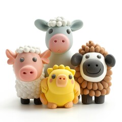 A cute family of farm animals made of clay. There are 2 pigs, 1 sheep and 1 chick.