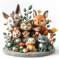 Group of cute animals in the forest, made of clay.
