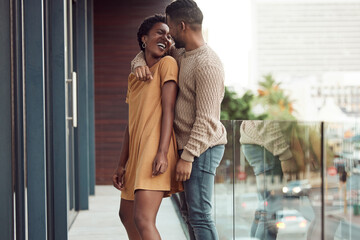 Romance, balcony or happy black couple hug in hotel on holiday vacation together with city, support...