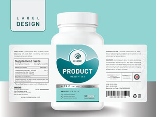 Food supplement multi vitamin label sticker design and dietary medicine bottle jar box packaging.