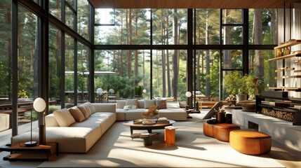 Nature-Inspired Spacious Living Room with Forest View