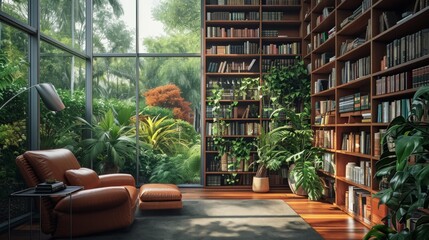 Spacious Home Library with Biophilic Design Elements